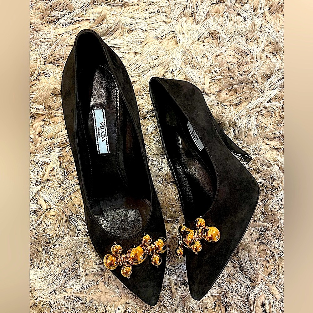 Prada Black suede 4” heel shoes with golden balls decor, size 38.5 - Picture 2 of 14